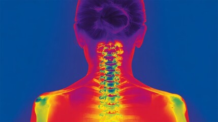 Medical thermal infrared scan of female back showing full spine and upper body with temperature gradient from blue cold to red hot, potential joint inflammation visualized by color heat map