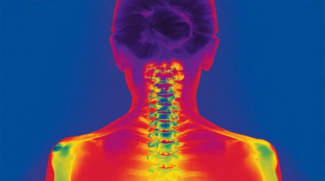 Medical thermal infrared scan of female back showing full spine and upper body with temperature gradient from blue cold to red hot, potential joint inflammation visualized by color heat map