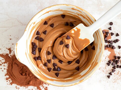 Chocolate Chip Bliss: An overhead perspective of a delicious mix of chocolate, a culinary dream, a bowl of smooth batter with the inclusion of chocolate chips.