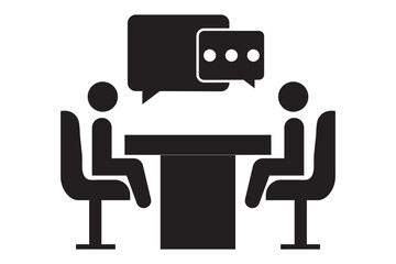 Business meeting conference room table discussion teamwork. People meeting at table with speech bubbles icon. People conversation concept.