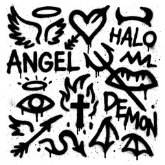 Angel and Demon Graffiti Icons with Blood Splatter Spray Paint Style – Transparent PNG
