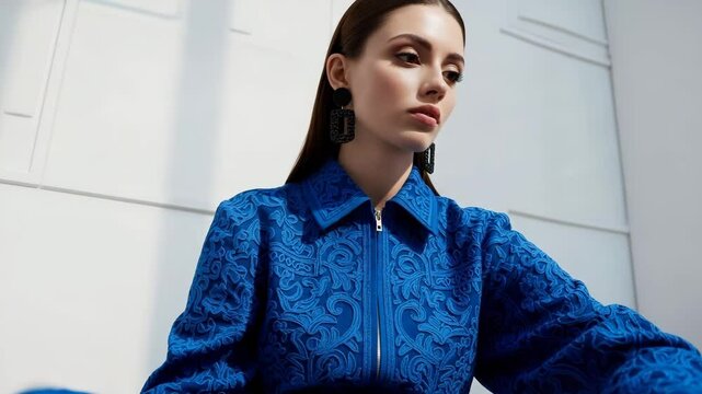 Elegant woman wearing blue patterned dress in urban setting
