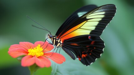 Naklejka premium A colorful butterfly rests upon a vibrant red flower blossom
