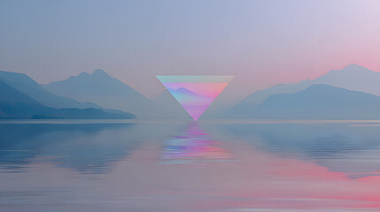 Floating Inverted Prism Reflecting Mountains Over Tranquil Lake at Sunrise