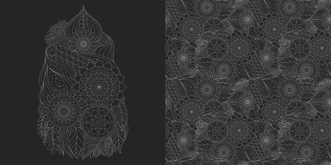 Dark ethnic seamless and simple pattern, floral and abstract ornament