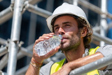 A construction worker pauses to hydrate under the sun, showcasing the importance of self-care and refreshment during hard work in a physically demanding environment.