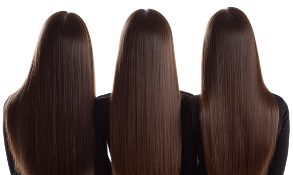 Back view of a young three ladies with long straight brown hair, isolated on transparent background.