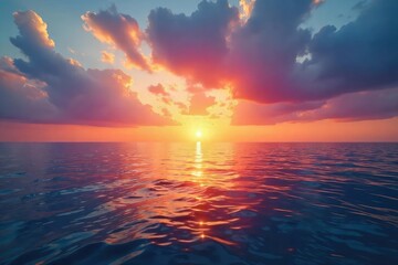 Serene seascape at sunset, featuring a calm ocean meeting a vibrant horizon Perfect for travel, nature, and relaxation themes Stunning colors and tranquil atmosphere , calm, view