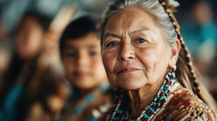 Obraz premium A powerful portrait capturing the essence of an elderly Indigenous woman adorned with traditional jewelry, reflecting a rich cultural heritage and the wisdom of generations.