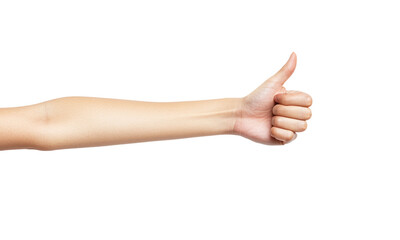 Hand showing thumb up sign isolated on transparent background.