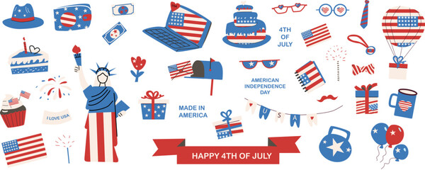 Festive fourth of july celebration with iconic american symbols and decorations.