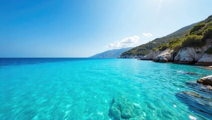 Stunning azure waters of the Mediterranean Sea sparkle under the bright sun Crystal clear, calm surface reflects the vibrant sky Ideal for travel, vacation, and summer themes , nature, seafoam