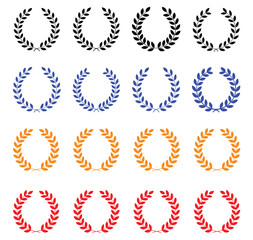 Collection of Laurel Wreaths in Black, Blue, Orange and Red Colors with Various Leaf Designs and White Background