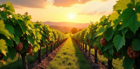 Naklejka premium Sun-drenched rows of grapevines stretching to the horizon, lush green foliage heavy with ripening fruit, a picturesque vineyard landscape at harvest time , winemaking, lush