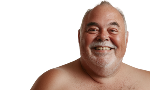 Portrait of a shirtless senior overweight man smiling, isolated on transparent background.