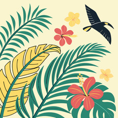 Tropical Floral Jungle Background with Leaves, Flowers, and Bird – Summer Nature Vector