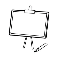 Black and white illustration of an easel with a blank whiteboard and a pen or marker beside it