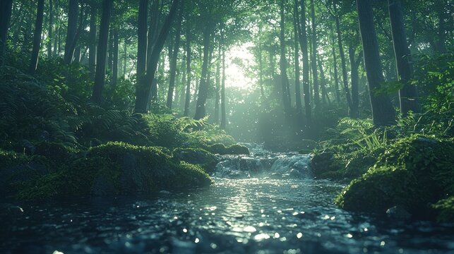 Misty forest stream. Sunlight streams through trees