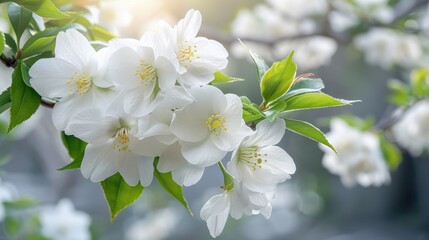 Fototapeta premium A beautiful shot of white flowering blossoms bathed in soft sunlight, symbolizing purity, renewal, and the essence of spring in nature photography.