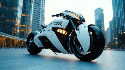 This striking image features a modern, futuristic motorcycle that embodies cutting-edge design and technology, set against a sleek urban backdrop in the early morning light.