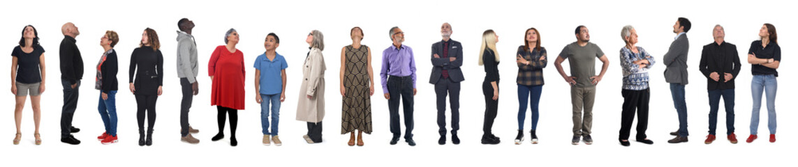 large group o people standing and looking up on whoite background