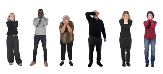 group of people cover face on white background