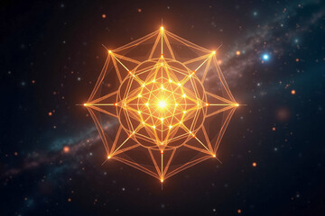 Sacred geometry floating in a cosmic space, flower of life and metatron&rsquo;s cube glowing with golden light, mystical symbols intertwined with soft fractals, spiritual energy radiating outward 