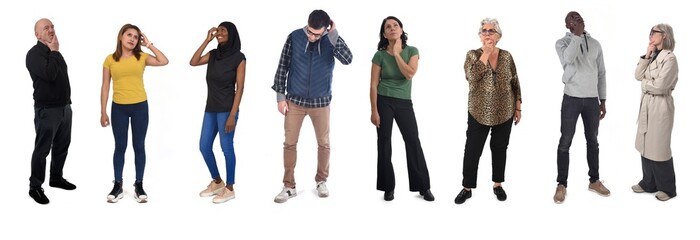 group of people standing thinking on white background