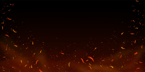 Fiery sparks and embers flying upward on dark background. Glowing flame effect with smoke, ash and burning particles. Perfect for fireplace, grill or industrial fire concepts. Realistic vector overlay © Azat Valeev