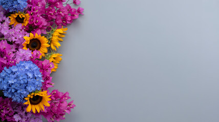 Colorful Summer Flowers on Gray Background with Copy Space