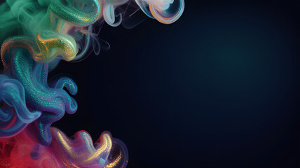 Abstract colorful glittering smoke waves on dark background with empty copy space