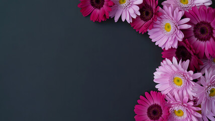 Vibrant pink gerbera daisies arranged in floral corner on dark elegant background with copy space