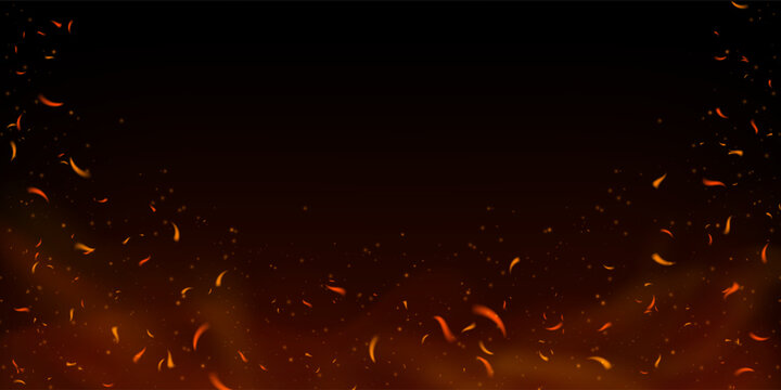 Fiery sparks and embers flying upward on dark background. Glowing flame effect with smoke, ash and burning particles. Perfect for fireplace, grill or industrial fire concepts. Realistic vector overlay