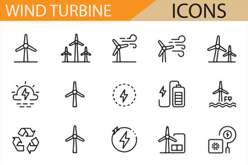 Set of Wind Turbine Icons Representing Renewable Energy, Solar and Wind Hybrid Power, Battery, Solar Panels, and Environmental Impact, Vector Graphics