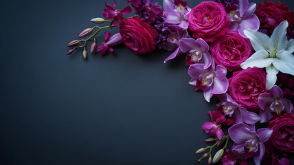 Elegant floral arrangement with dark roses orchids and tulips on moody gradient background. Gothic border, frame