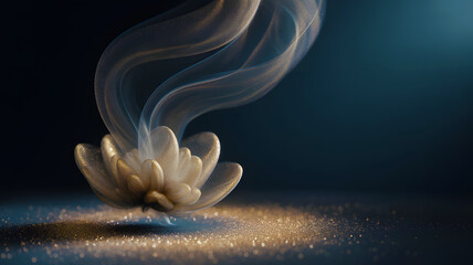 Magical golden flower with swirling light trails and sparkling dust in dark ethereal atmosphere
