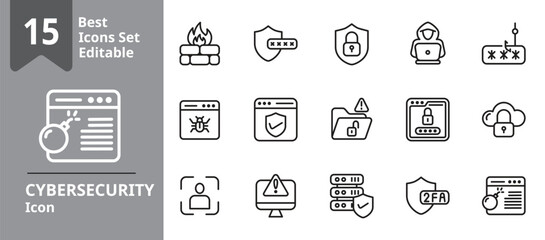 Outline icon set showing cybersecurity and digital protection themes including password, encryption, firewall, phishing, and data privacy.