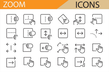 Set of Zoom Icons with Arrow and Hand Gestures for User Interaction in Digital Platforms, Zoom In and Out Features for UX/UI Design, Vector Graphics