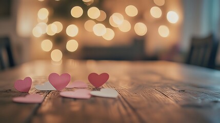 Hearts on Wooden Table with Warm Lights.