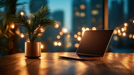 A modern workspace is depicted with a sleek laptop and a decorative plant, symbolizing productivity and a balanced work environment promoting creativity and focus.