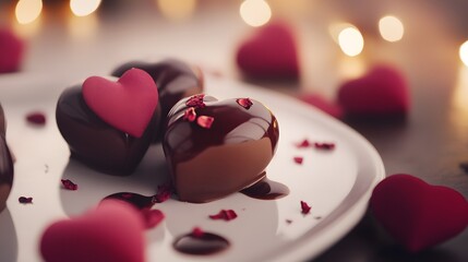 Heartshaped chocolates on plate.