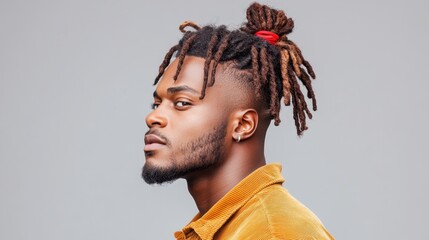 A stylish young man with distinctive dreadlocks showcases his confidence against a minimalist gray background, emphasizing individuality and contemporary fashion trends.