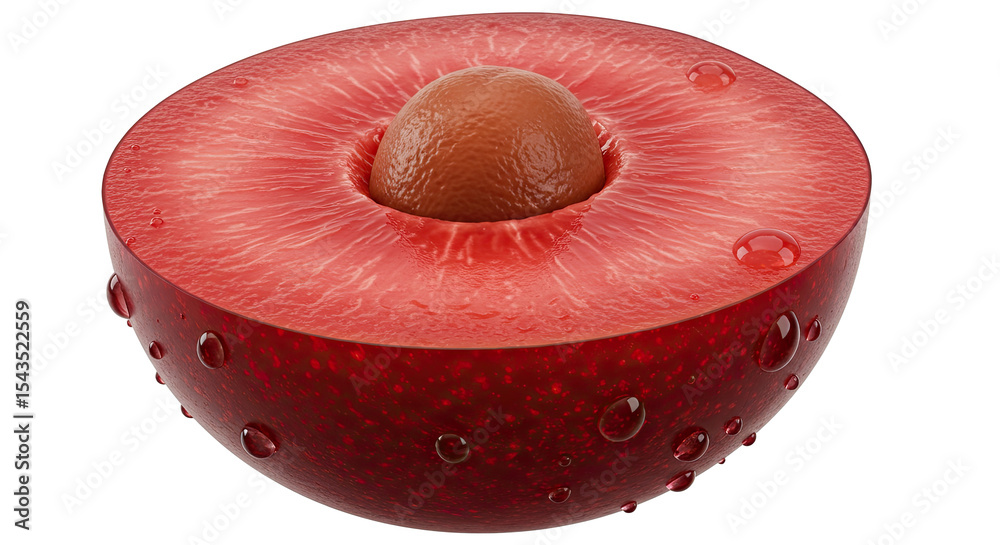 Poster a cross-section of a ripe red fruit with a single seed and water droplets