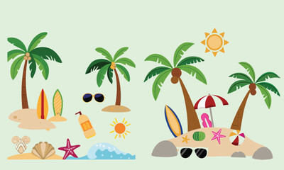Summer beach sticker set with cute tropical elements.