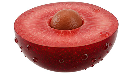 A cross-section of a ripe red fruit with a single seed and water droplets