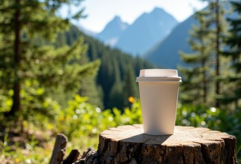 Naklejka premium A disposable coffee cup placed on a tree stump in a scenic mountain forest setting