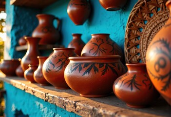 Traditional terracotta pots displayed on a rustic wooden shelf against a vibrant blue wall