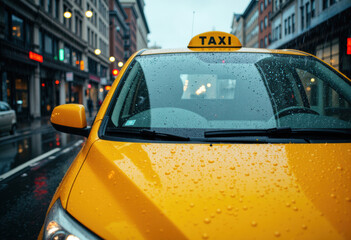 Fototapeta premium Yellow taxi cab parked on a rainy city street with raindrops on the windshield