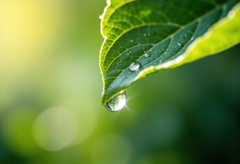 Close-up of a green leaf with water droplets and a blurred natural background