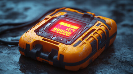 Close-up of a futuristic, orange, rugged device.  Red LCD screen displays data.  Dark background